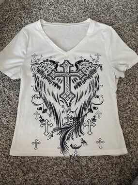 SHEIN White V-Neck Tee with Black Cross & Wing Graphic